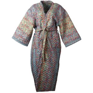 Lange gewatteerde kimono jas in jadegroen en blauw