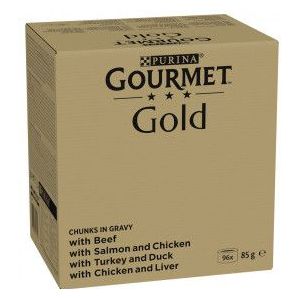 Gourmet Gold Fijne Hapjes in saus met rund, kip en lever, zalm en kip, kalkoen en eend natvoer kat (96x85 g)