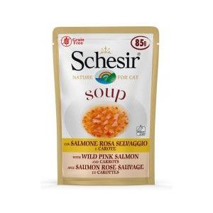 Schesir Cat Soup met wilde roze zalm en wortel natvoer kat (zakjes 85 gram)
