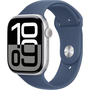 Apple Watch Series 10 - Wifi - 46mm - Zilveren Aluminium Case met Denim Sportbandje - M/L