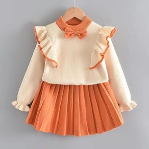 Girls Flying Sleeve Knitted Sweater Suit (Color:Orange Size:110)