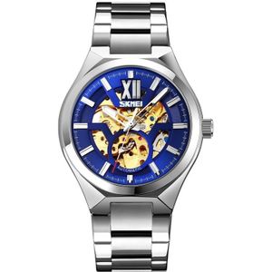 SKMEI 9258 Men Two-color Stainless Steel Strap Automatic Mechanical Watch(Silver Shell Blue Surface)