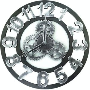 Retro Wooden Round Single-sided Gear Clock Arabic Number Wall Clock  Diameter: 30cm (Silver)