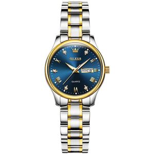 OLEVS 5563 dames lichtgevend waterdicht quartzhorloge (blauw + goud)