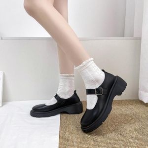 Kleine leren schoenen vrouwelijke studenten met rok dikke bodem gesp lente en herfst enkele schoenen  maat: 35 (zwart mat)