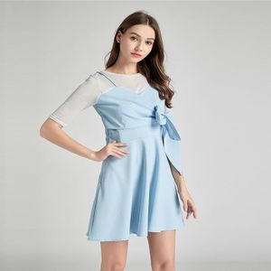 Fashion Stitching Bow Korte mouwen Lace-up Slim Slimming Fake Two-piece Dress (Kleur: Baby Blue Size:XL)