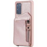 For Samsung Galaxy S20 FE Zipper Double Buckle Shockproof Protective Case with Stand & Photo Holder & Wallet Function(Rose Gold)