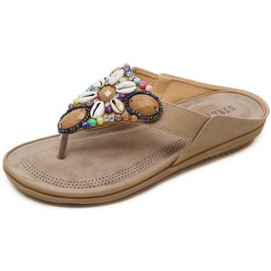 Ladies Summer Bohemian Sandals Seaside Retro Beaded Shell Slippers  Size: 41(Apricot)