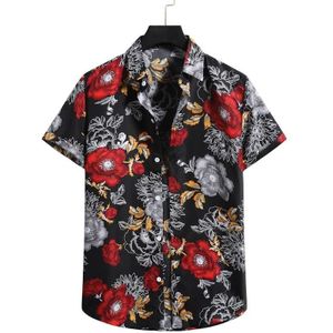 Summer Casual Chelsea Collar Flower Print Pattern Short-sleeved Shirt for Men (Color:Black Size:M)