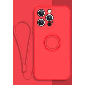 All-inclusive Liquid Silicone Phone Protective Case with Ring Holder & Lanyard For iPhone 13 Pro Max(Lucky Red)