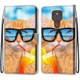 For Motorola Moto E7 Plus / G9 Play / G9 Coloured Drawing Cross Texture Horizontal Flip PU Leather Case with Holder & Card Slots & Wallet & Lanyard(Cat Drinking Soda)