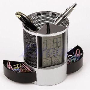 Desk Mesh Pen Pencil Holder Perpetual Calendar Office Supplies Multifunctional Digital LED Pens Storage Box(Black)