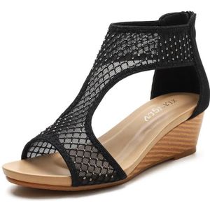 Dames zomer sandalen all-match casual mesh dikke zool wedge hiel schoenen  maat: 40 (zwart)
