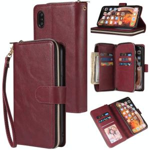 For iPhone X / XS Zipper Wallet Bag Horizontal Flip PU Leather Case with Holder & 9 Card Slots & Wallet & Lanyard & Photo Frame(Wine Red)