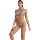 Polyester Solid Color Reflective Bikini Strappy Split Swimsuit for Ladies (Color:Grey Size:XS)