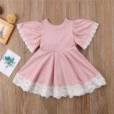 Girls Lace Princess Dress Trumpet Sleeve Three-dimensional Flower Dress  Kid size:90cm(Pink)