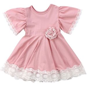 Girls Lace Princess Dress Trumpet Sleeve Three-dimensional Flower Dress  Kid size:90cm(Pink)