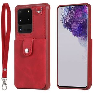For Galaxy S20 Ultra Shockproof Protective Case with Mirror & Card Slot & Short Lanyard(Red)