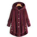 Button Plush Irregular Solid Color Coat (Color:Wine Red Size:XL)