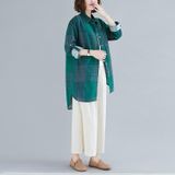 Retro Literary Plaid Long-sleeved Shirt Women Mid-length Jacket Shirt (Color:Green Size:XL)