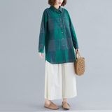 Retro Literary Plaid Long-sleeved Shirt Women Mid-length Jacket Shirt (Color:Green Size:XL)