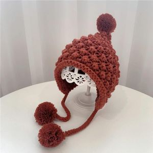 Hand-Woven Children Knitted Ear Protection Hat Autumn and Winter Thickened Baby Pineapple Grain Woolen Hat  Size: 48-53cm Head Circumference(Red Wine)