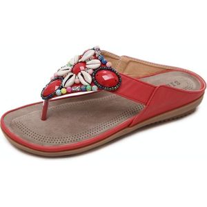 Ladies Summer Bohemian Sandals Seaside Retro Beaded Shell Slippers  Size: 42(Red)