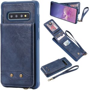For Galaxy S10+ Vertical Flip Shockproof Leather Protective Case with Short Rope  Support Card Slots & Bracket & Photo Holder & Wallet Function(Blue)