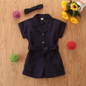 Girls Short-sleeved Single-breasted Jumpsuit (Color:Royal Blue Size:130)