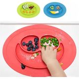 Smile Style One-piece Round Silicone Suction Placemat for Children  Built-in Plate and Bowl (Blue)