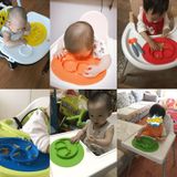 Smile Style One-piece Round Silicone Suction Placemat for Children  Built-in Plate and Bowl (Blue)