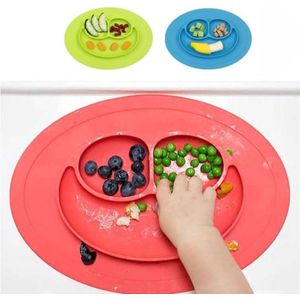 Smile Style One-piece Round Silicone Suction Placemat for Children  Built-in Plate and Bowl (Blue)