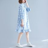 Chinese Style Improved Cheongsam Literary Retro Loose And Thin Mid-length Dress (Color:Blue Size:M)