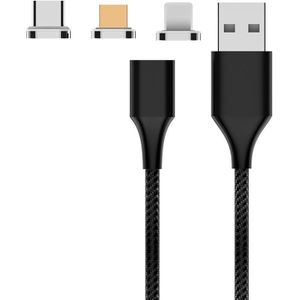 M11 3 in 1 3A USB to 8 Pin + Micro USB + USB-C / Type-C Nylon Braided Magnetic Data Cable  Cable Length: 2m (Black)