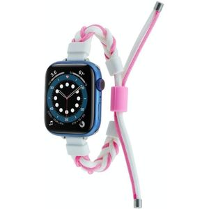 Siliconen bonen gevlochten koord nylon horlogeband voor Apple Watch Ultra 49 mm (wit roze)
