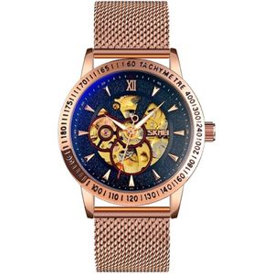 SKMEI 9216 Men Skeleton Automatic Mechanical Watch Stainless Steel Band Luminous Watch(Rose Gold Shell Black Noodle)