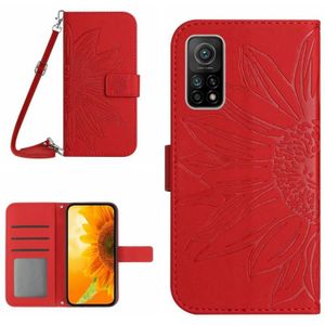 Voor Xiaomi Mi 10T / 10T Pro Skin Feel Sun Flower Pattern Flip Leather Phone Case met Lanyard (Rood)