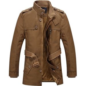 Men Long Style Leather Jacket Coat (Color:Khaki Size:L)