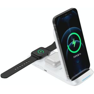 V8 3 in 1 Folding Portable Mobile Phone Watch Multi-Function Charging Stand Wireless Charger for iPhones & Apple Watch & Airpods (White)