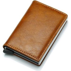 Automatic Elastic Card Type Anti-magnetic RFID Anti-theft Retro Card Package Universal Leather Metal Wallet(Brown)