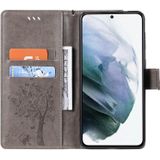 For Samsung Galaxy S21+ 5G Tree & Cat Pattern Pressed Printing Horizontal Flip PU Leather Case with Holder & Card Slots & Wallet & Lanyard(Gray)
