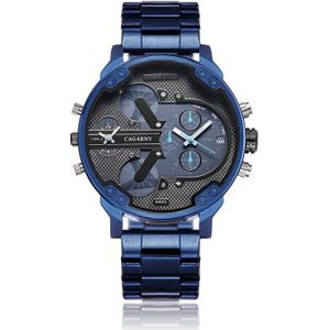 Cagarny 6820 Grote wijzerplaat Kalender Display Roestvrijstalen band Quartz Dual Movement Watch for Men (Blue)