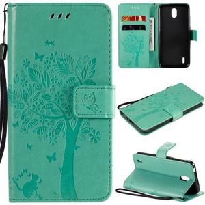 For Nokia 1.3 Tree & Cat Embossed Pattern Horizontal Flip Leather Case with Holder & Card Slots & Wallet & Lanyard(Green)