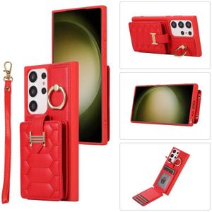 Voor Samsung Galaxy S23 Ultra 5G Vertical Card Bag Ring Holder Phone Case met Dual Lanyard (Rood)