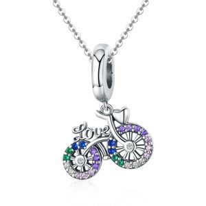 S925 Sterling Silver Bicycle Pendant Color Inlaid Zircon Beads DIY Bracelet Charm Accessories  Style: Pendant + Bare Chain