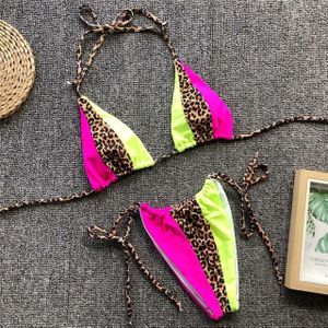 2 PCS Triangle Leopard Bikinis Neon Sexy Swimwear String Push Up Bikini Set  Size:L(Green)