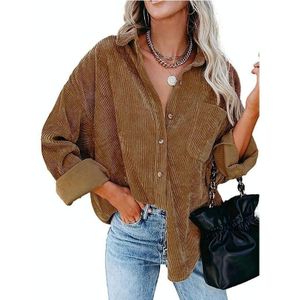 Effen kleur revers lange mouwen corduroy los casual shirt met zakken voor dames (kleur: kameel maat: XXL)