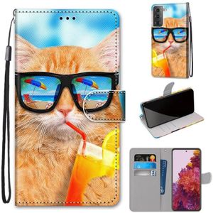For Samsung Galaxy S21 5G Coloured Drawing Cross Texture Horizontal Flip PU Leather Case with Holder & Card Slots & Wallet & Lanyard(Cat Drinking Soda)