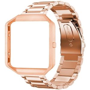 Suitable For Fitbit Blaze Smart Sports Watch Stainless Steel Metal Strap Metal Frame Butterfly Buckle Three Beads Strap(Rose gold)