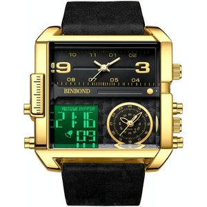 BINBOND B3332 vierkant multifunctioneel sportkwarts waterdicht horloge (zwart leer-volledig-goud-zwart)